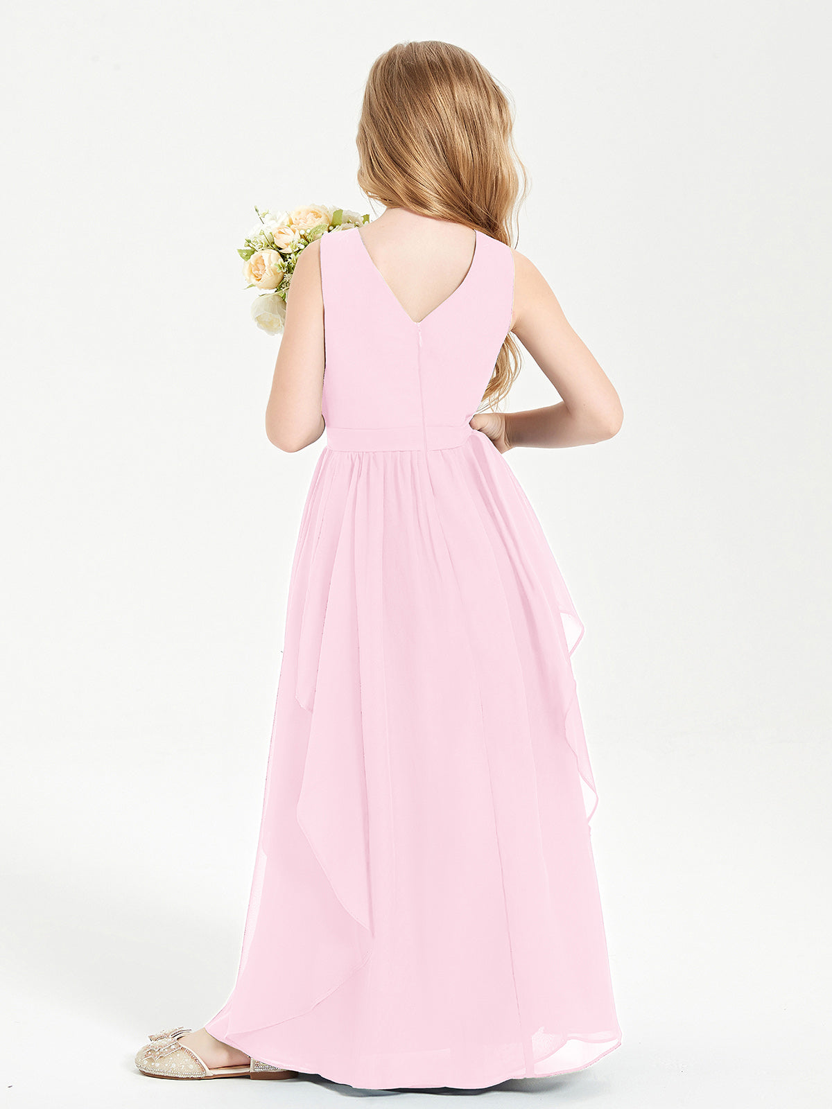 Boho Sleeveless Junior Chiffon Bridesmaids Gown Candy Pink